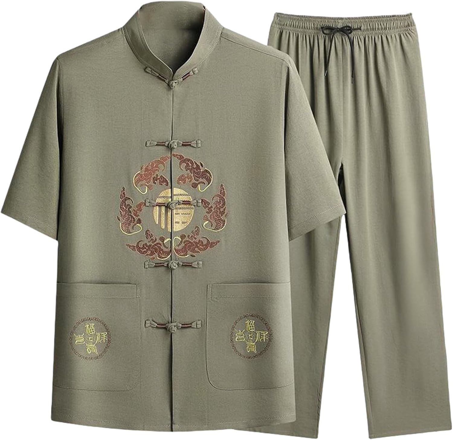 Men's Summer Tang Suit Chinese Style Ice Silk Short Sleeve Hanfu Thin Set
