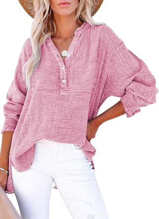 Dokotoo Women's Casual Button V-Neck Long Sleeve Shirt
