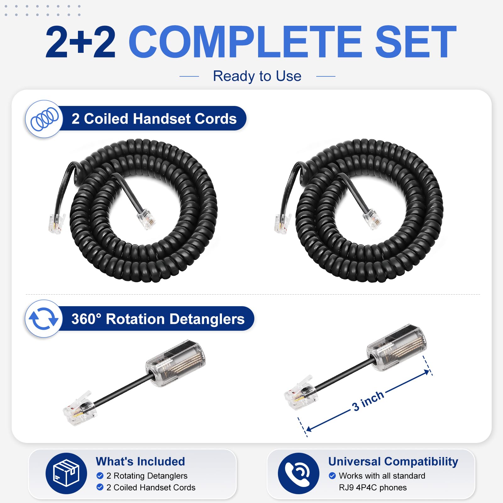 Uvital Desenredadores de Cable de teléfono para teléfono, 2 Cables fijos 3M desenrollados (0,6 m en Espiral) y 2 Cables giratorios giratorios de 360 Grados (Negro)