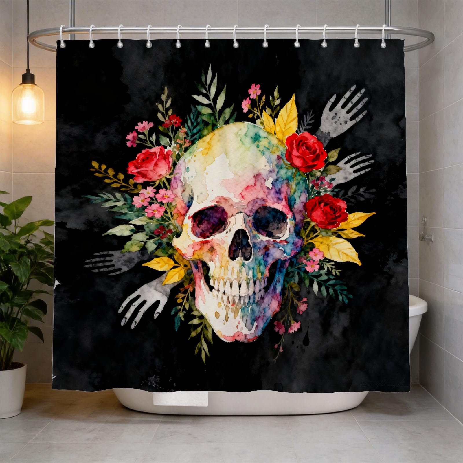Hongduo 3D Watercolor Skull Shower Curtain for Stalls Bathtubs Floral Bathroom Decor Shower Curtain Set Polyester Fabric Waterproof 120x180cm/48X71 Inch with Hooks