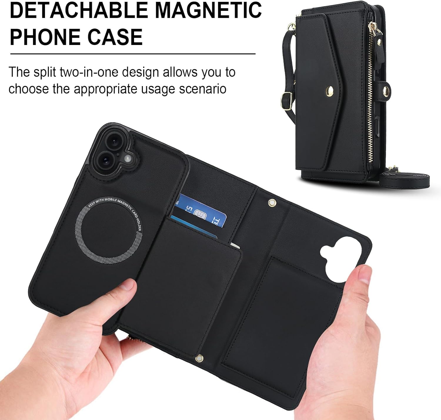 Asuwish Phone Case for iPhone 17 6.3 inch 2025 Wallet Cover Compatible with Magsafe RFID Screen Protector Crossbody Lanyard Strap Flip Card Holder Slot Zipper Cell Purse i Phone17 i17 17Case Black