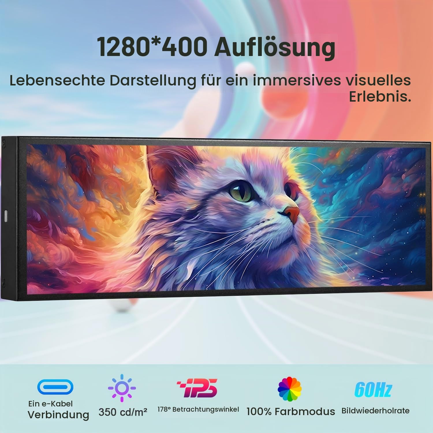 7,84-Zoll-Mini-Monitor HD IPS 1280x400 Zweitbildschirm mit gestrecktem Balken-LCD-Display für Laptops Geschwindigkeit, Temperatur, für Windows 10/11 Only, Kompatibel mit AIDA64 (Drittanbieter)