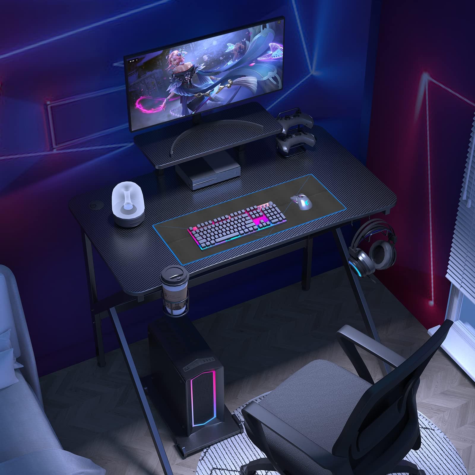 Scrivania Gamer Ergonomico, Vassoio in Fibra di Carbonio Impermeabile Antigraffio Struttura a Forma di K, Accessori Inclusi per Ufficio e Gioco, Tavolo Multifunzione per Adulto, 100x55x74