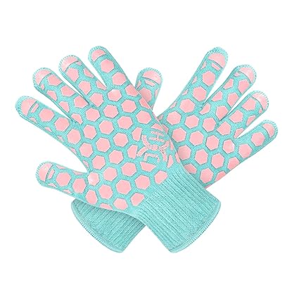 JH Heat Resistant Cooking Glove:EN407 Certified 932 ?F, 2 Layers Silicone Coating, Turquoise Shell with Pink Coating, BBQ & Oven Mitts for Kitchen, Fireplace, Grilling, 1 Pair, Women Fits All