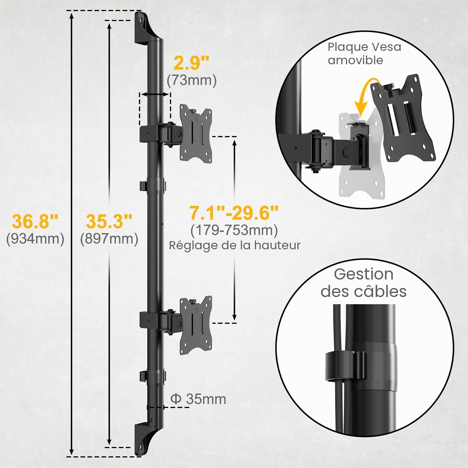 Support Mural pour moniteurs de 17" - 32" jusqu'à 9KG, Support Mural Double Moniteur entièrement réglable, VESA75/100mm, Noir