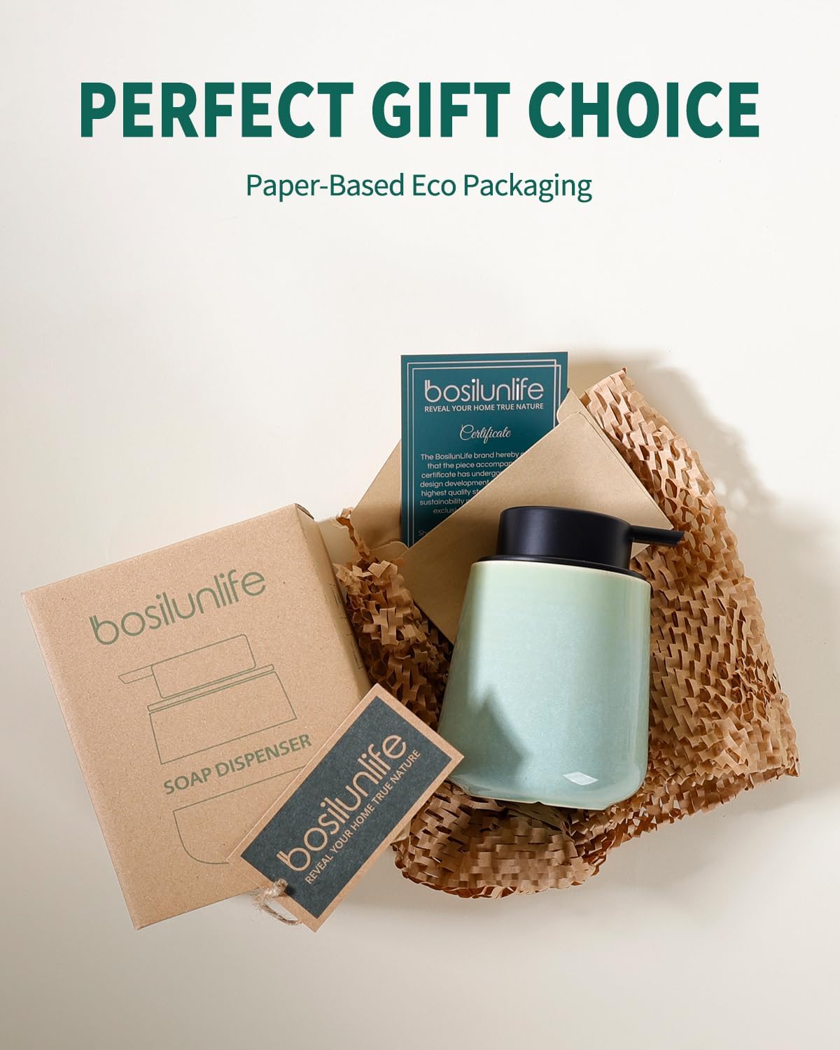 BosilunLife Hand Soap Dispenser - Ceramic Dish Soap Dispenser for Bathroom 12ounce Refillable Liquid Hand Wash Dispenser for Essential Oil, Lotion Soap, Light Green - Image 5