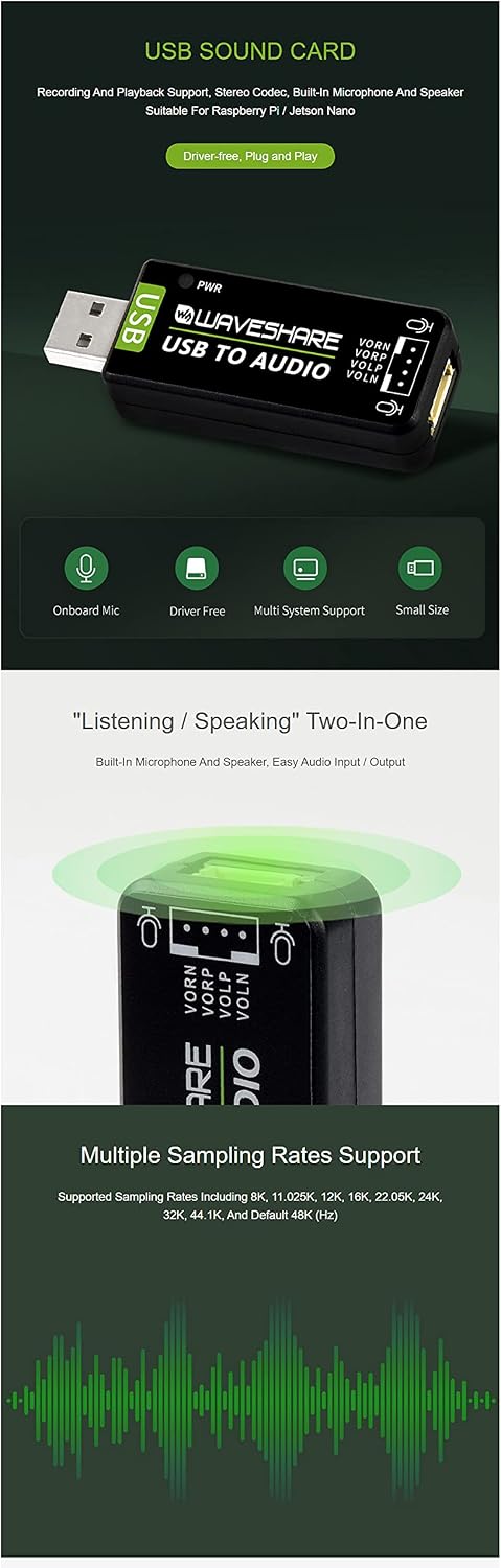 USB Sound Card,USB Audio Module,Driver-Free,External Audio Converter for Raspberry Pi/Jetson Nano,Supported Systems Including Win7/8/8.1/10,Mac OS,Linux,Android,Wince