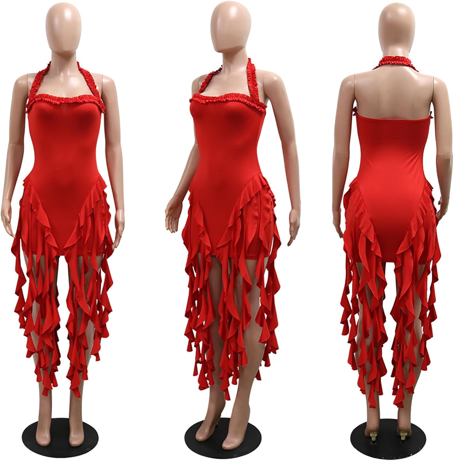 Womens Halter Neck Backless Sleeveless Ruffle Fringe Tassel Bodycon Party Club Mini Dress Beach Sundress