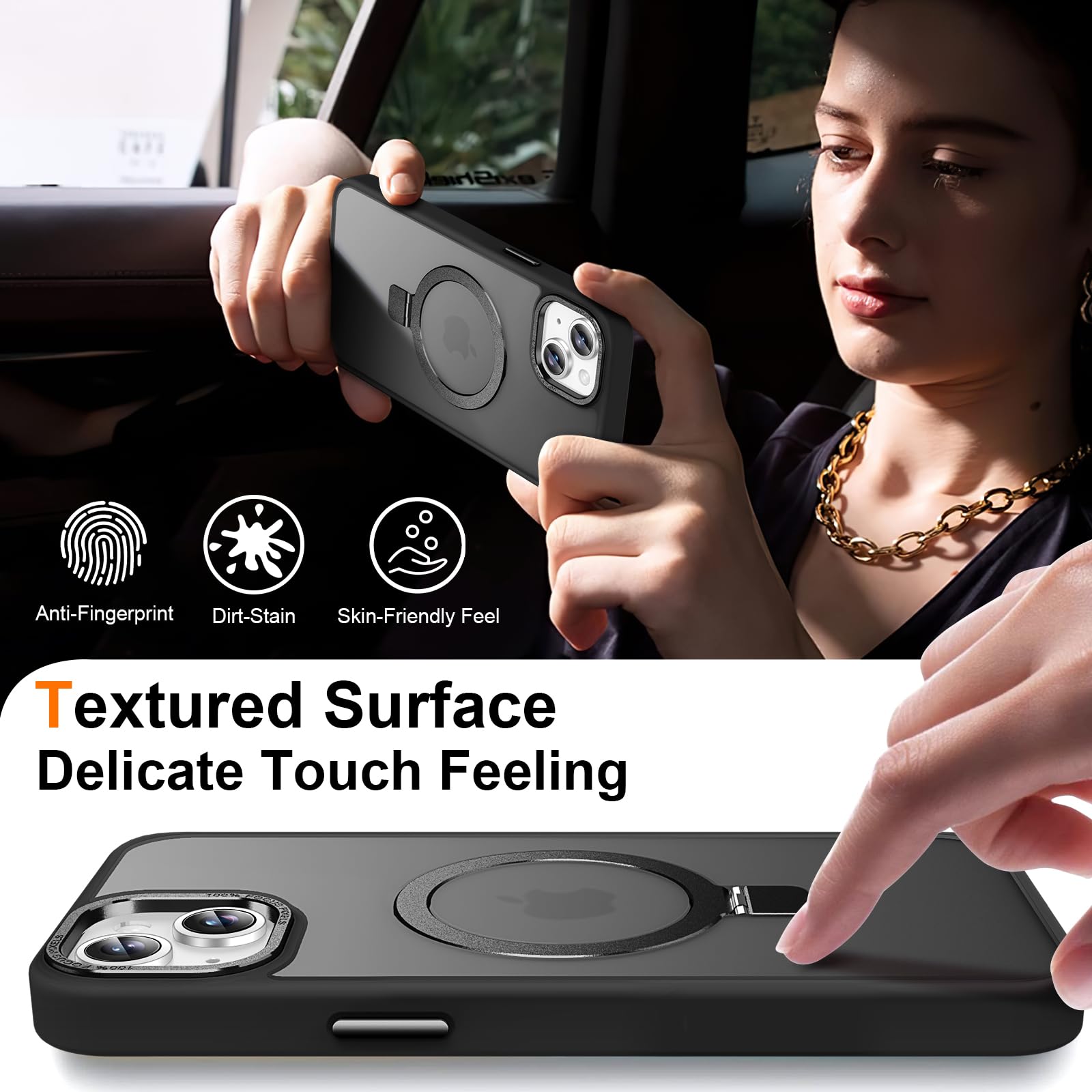 Custodia magnetica per iPhone 13 con supporto ad anello, nero | Cavalletto magnetico invisibile, 3 m, protezione contro le cadute, antiurto, tocco vellutato, retro opaco traslucido sottile