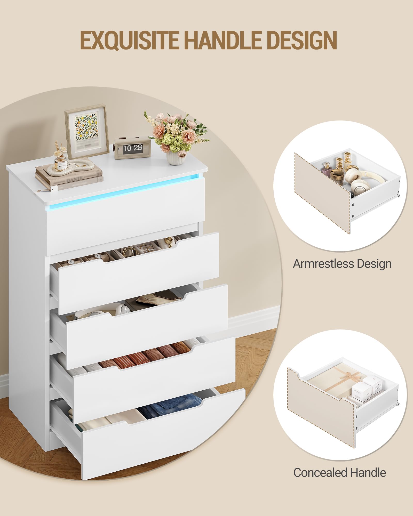 Hzuaneri Cómoda 5 Cajones, Cajonera Dormitorio, Armario Auxiliar con Tira de luz LED, Cómoda Dormitorio, Estilo Moderno, para Salón, Dormitorios, Pasillo, 40 x 60 x 103 cm, Blanco DC01503XEU