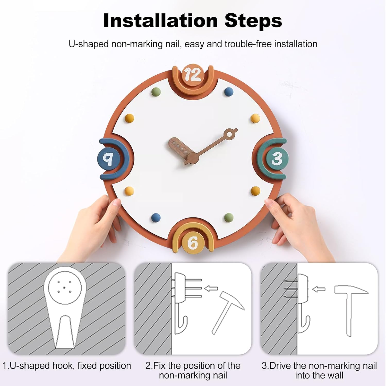 Ergocar Wall Clock, Wood Colorless Non-Ticking, Wall Clock Modern Style Decoration Battery Power Supply-Suitable for Schools, Living Rooms, Kitchens, Offices