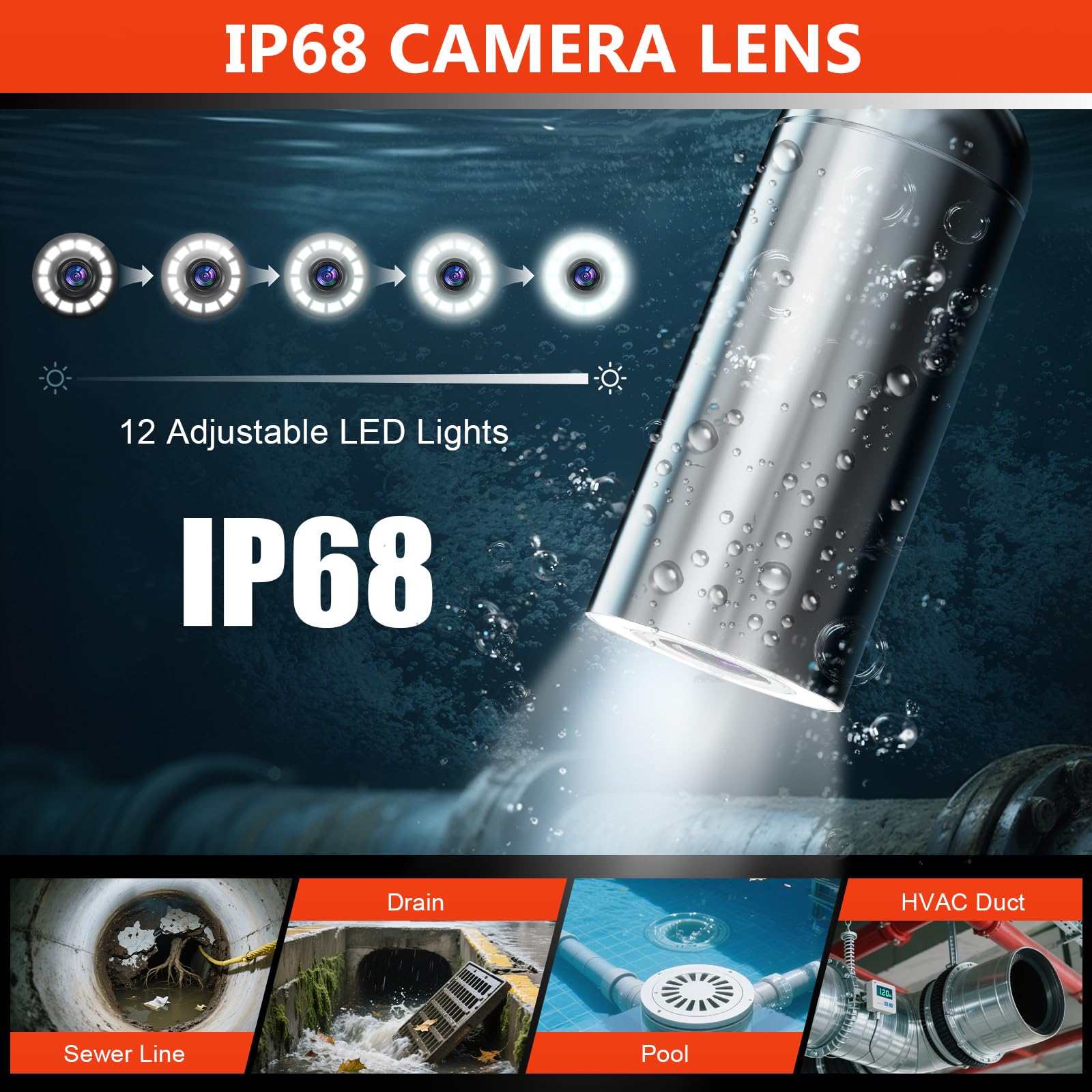 Cámara de alcantarillado, cámara de drenaje autonivelante de 100 pies con contador de distancia, 9 pulgadas 1080P HD cámaras de fontanería serpiente con 12 luces LED, IP68 y 32 GB DVR, endoscopio