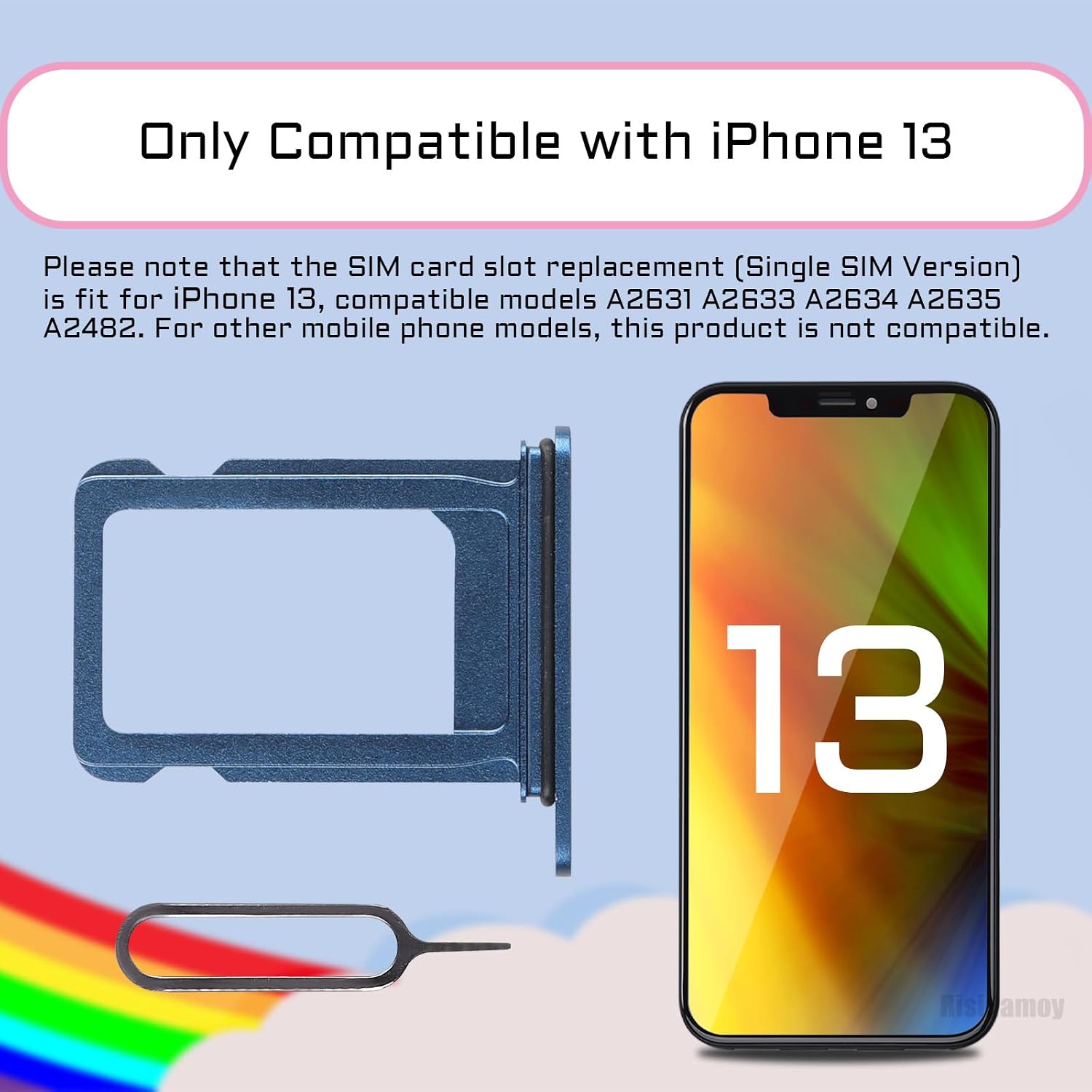 for iPhone 13 Blue Single SIM Card Tray Slot Replacement | Single SIM Card Slot with Waterproof Rubber Ring Repair Tool Fix Kit SIM Ejector for iPhone13 A2631 A2633 A2634 A2635 A2482