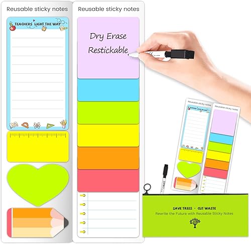 Miniatura 7 de JJPRO Notas adhesivas de borrado en seco, calcomanías reutilizables para pizarra blanca, 8 colores, 3 x 3 pulgadas, paquete de 16 unidades. Adecuado