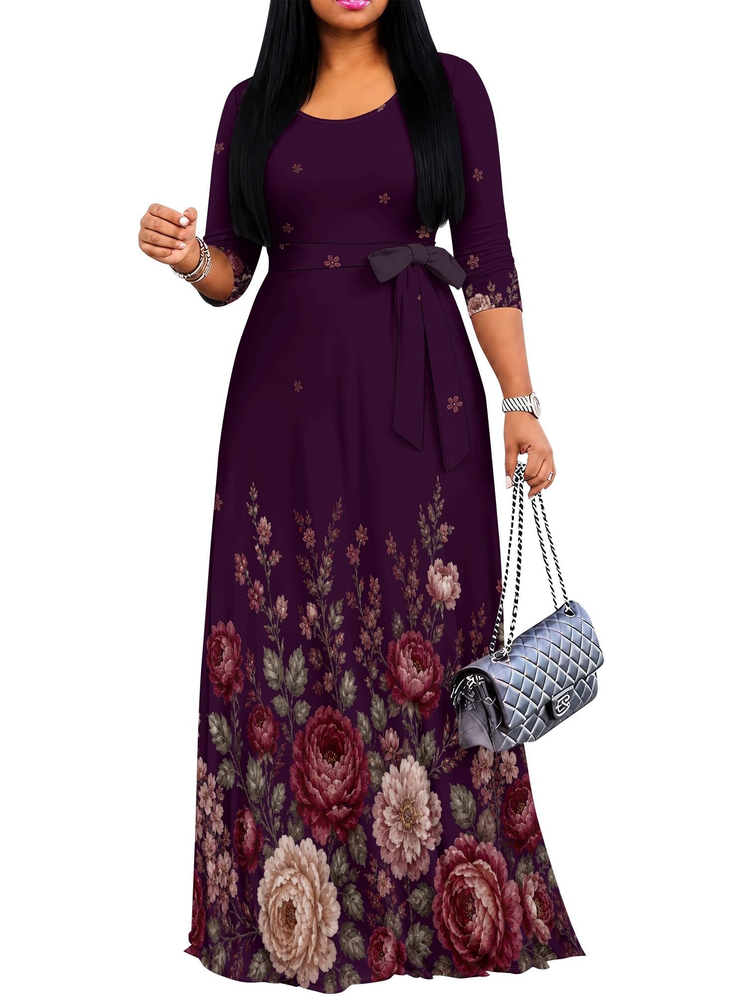 PinkPatty Women's Plus Size V Neck 3/4 Sleeve Boho Maxi Dress with Pockets