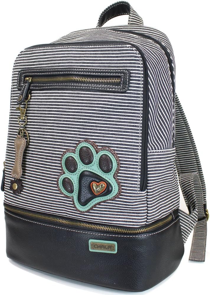 CHALA New Deluxe Striped multipurpose-backpacks with detachable Key Charm, fit up to 14" Laptop for Adult (Teal Stripe_ Sea Turtle)