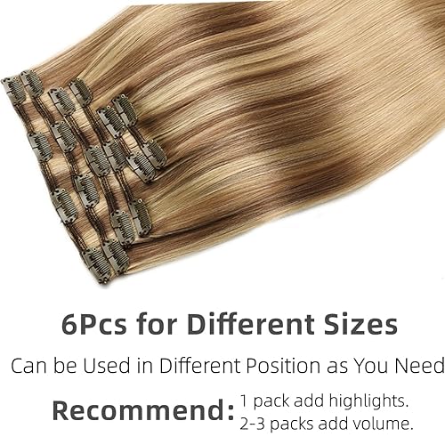 Miniatura 5 de VINBAO Extensiones de cabello humano con clip, balayage de color marrón ceniza a rubio caramelo, 14 pulgadas, 6 unidades, 3.53 oz, extensiones de