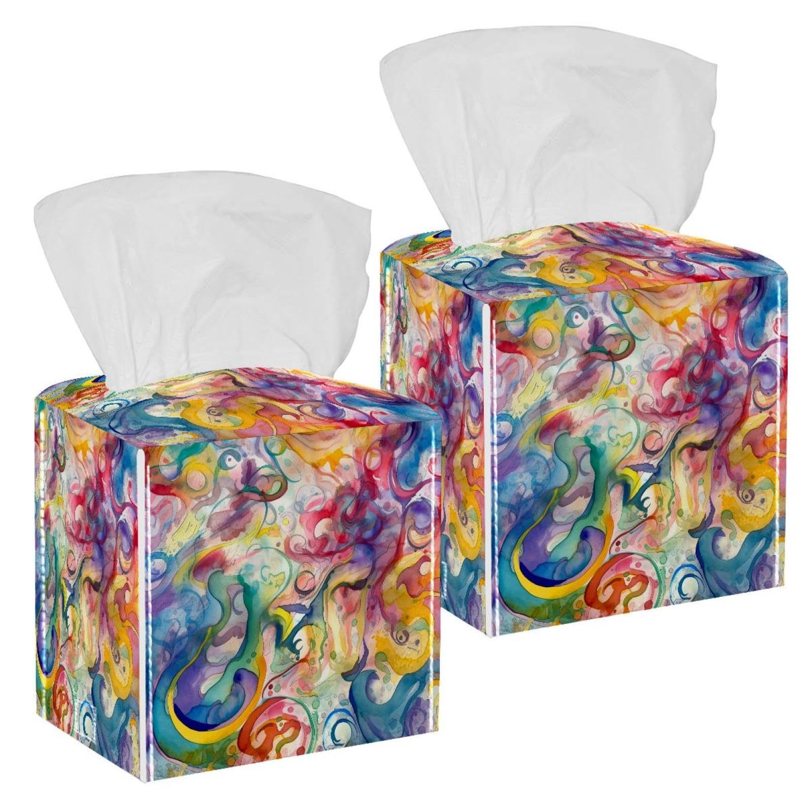 Artistic Swirl Tissue Box Cover, 2 Pack PU Leather Square Facial Tissue Dispenser Box holder for Home Office Car