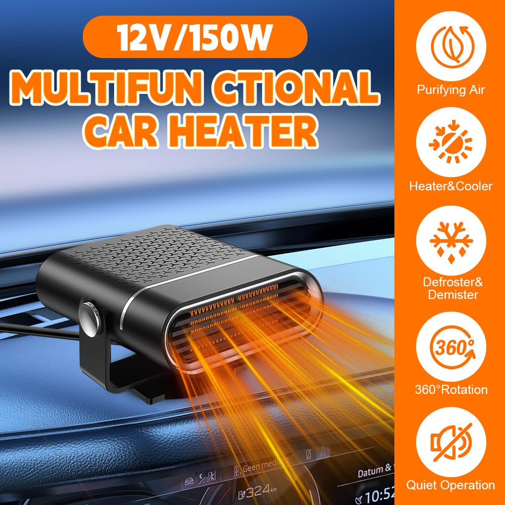 Calentador De Coche, 12V, 150W Calefactor De Coche, 2 En 1 Calentador Portátil para Coche, Calefactor para Coche, Enchufe Mechero, Giratoria 360°, Desempañar Y Ventilar para Coches, SUV