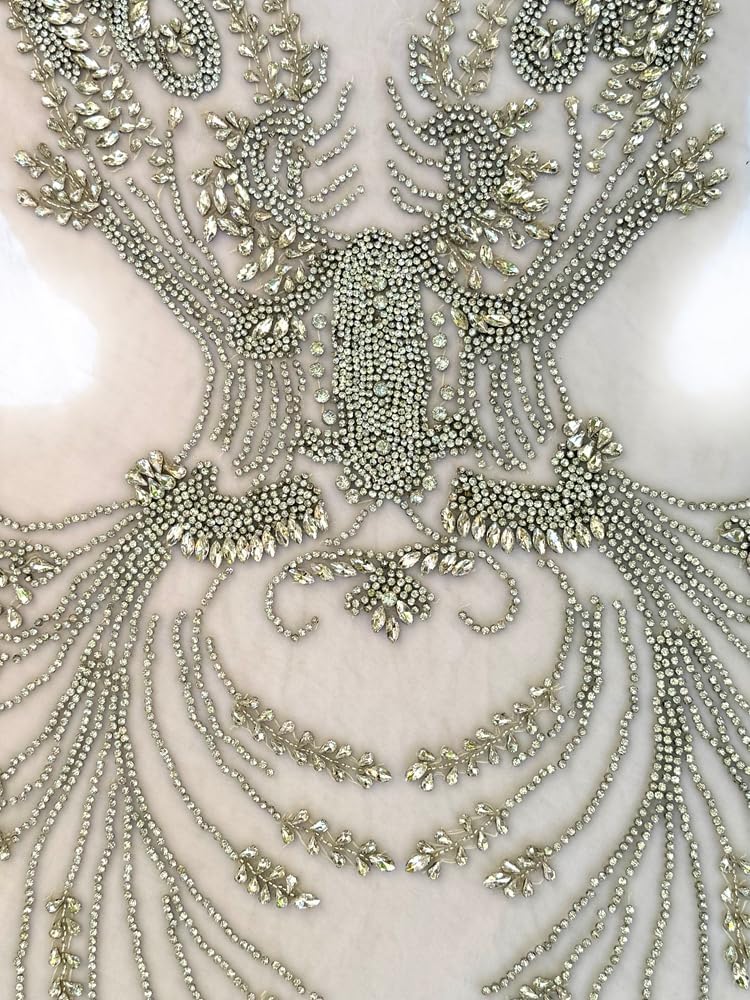 Beaded Rhinestones Bodice Applique for Dresses – Waist Cinching Corset Applique,Sparkling Full Front Bridal Gown Embellishment, DIY Bridal Waist for Slimming Silhouette (Silver-F)