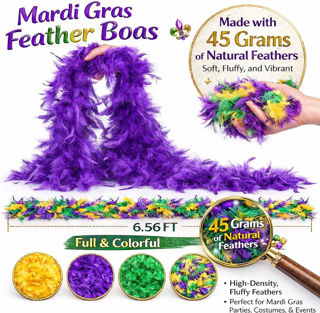 Max Fun 6PCS Mardi Gras Outfit for Women, 6.5ft Mardi Gras Feather Boas Decorations Party Supplies Costume Accessories
