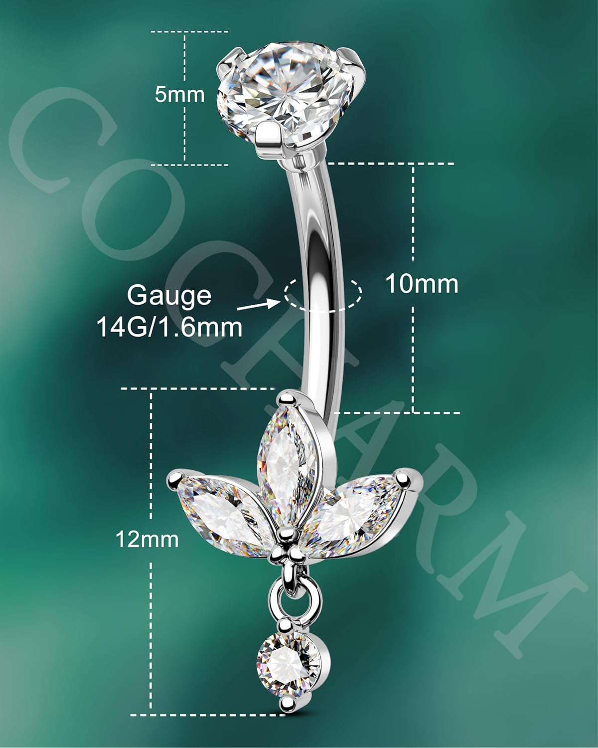 COCHARM Lotus Belly Button Rings Dangle 14G Dangle Belly Navel Button Piercing Surgical Steel Navel Piercing Jewelry Dangling - Image 3
