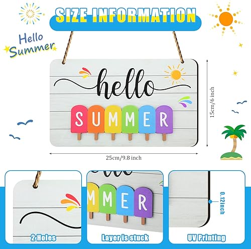 Miniatura 3 de Blulu Letrero de puerta con texto en inglés "Hello Summer" para puerta delantera, decoración de verano, placa colgante para casa de campo, hogar,