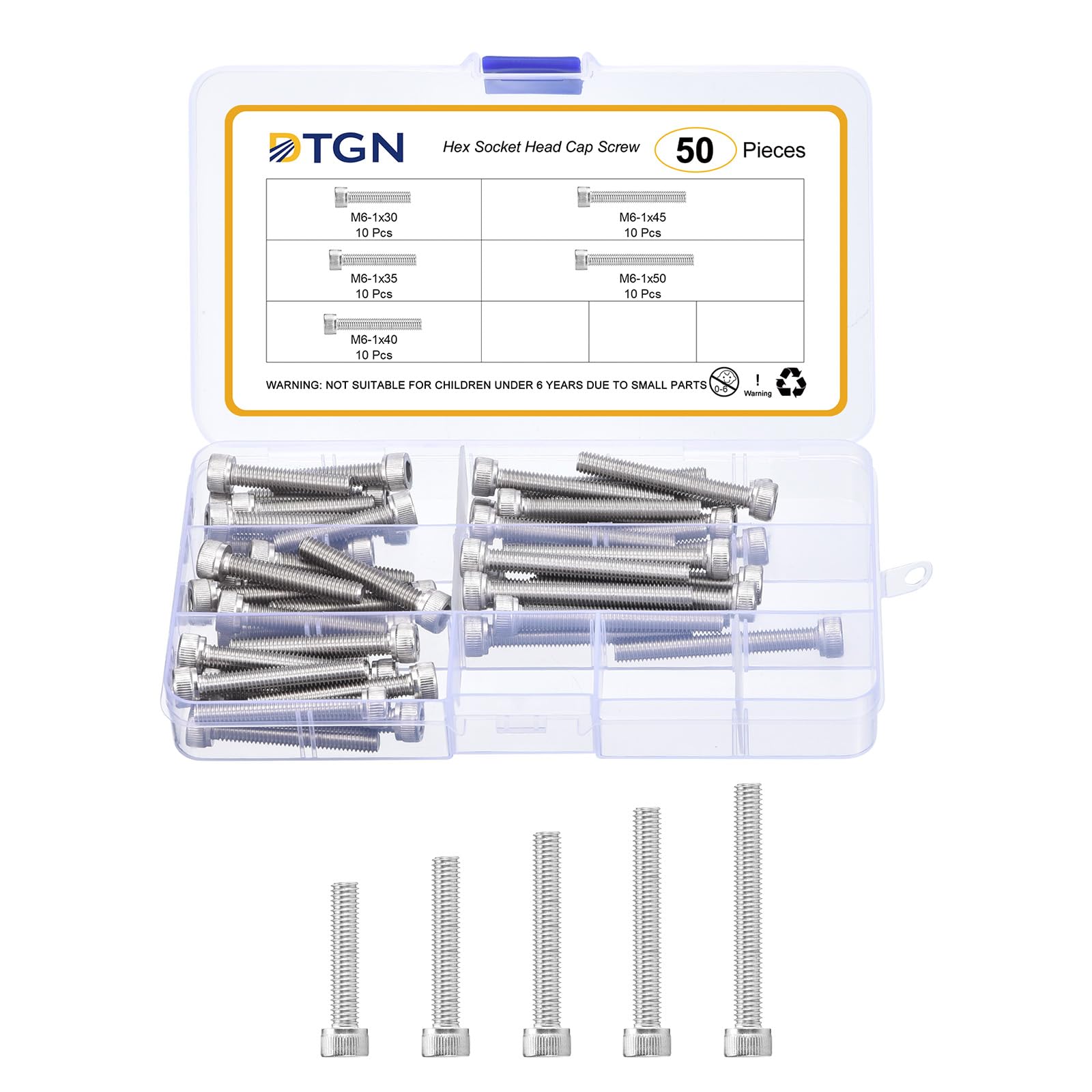 DTGN M6x1x30/35/40/45/50 Hex Socket Head Cap Screws Blots Assortment Kit, 50Pack, Good for Mountain Bike Auto, Motorcycle