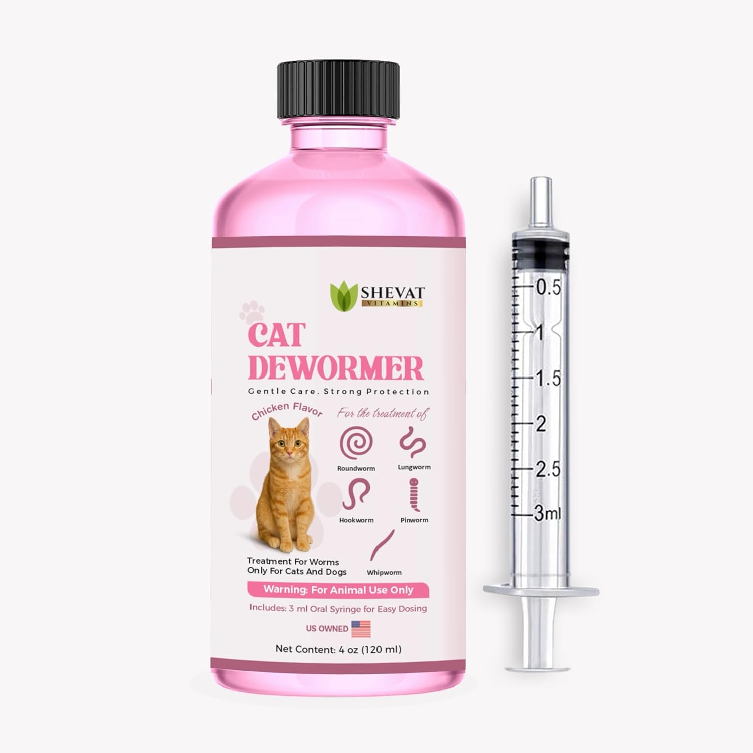 Dewormer for Cats Liquid – Chicken Flavor Cat Dewormer for Cats & Kittens – Oral Formula with Syringe – Tapeworm Care Support – 2 oz (60 ml)