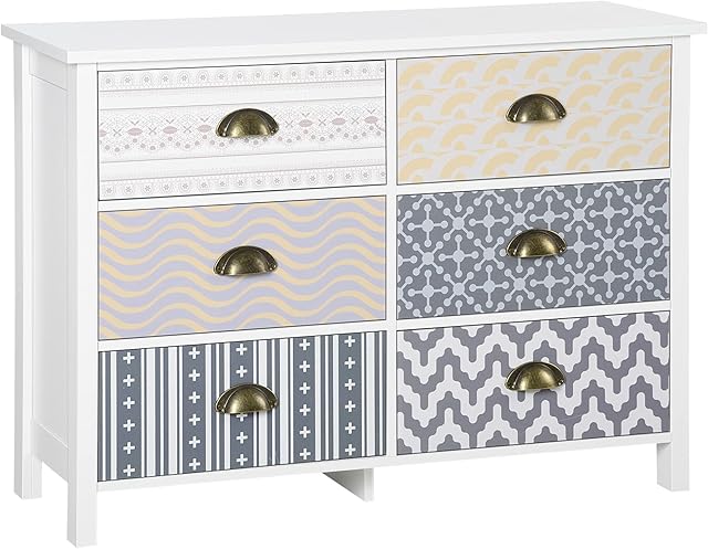 HOMCOM Chest of Drawers6 Drawer Cabinet w/Metal Handles Shabby Chic Sideboard for Living Room Bedroom, Multi-Colored Patterns