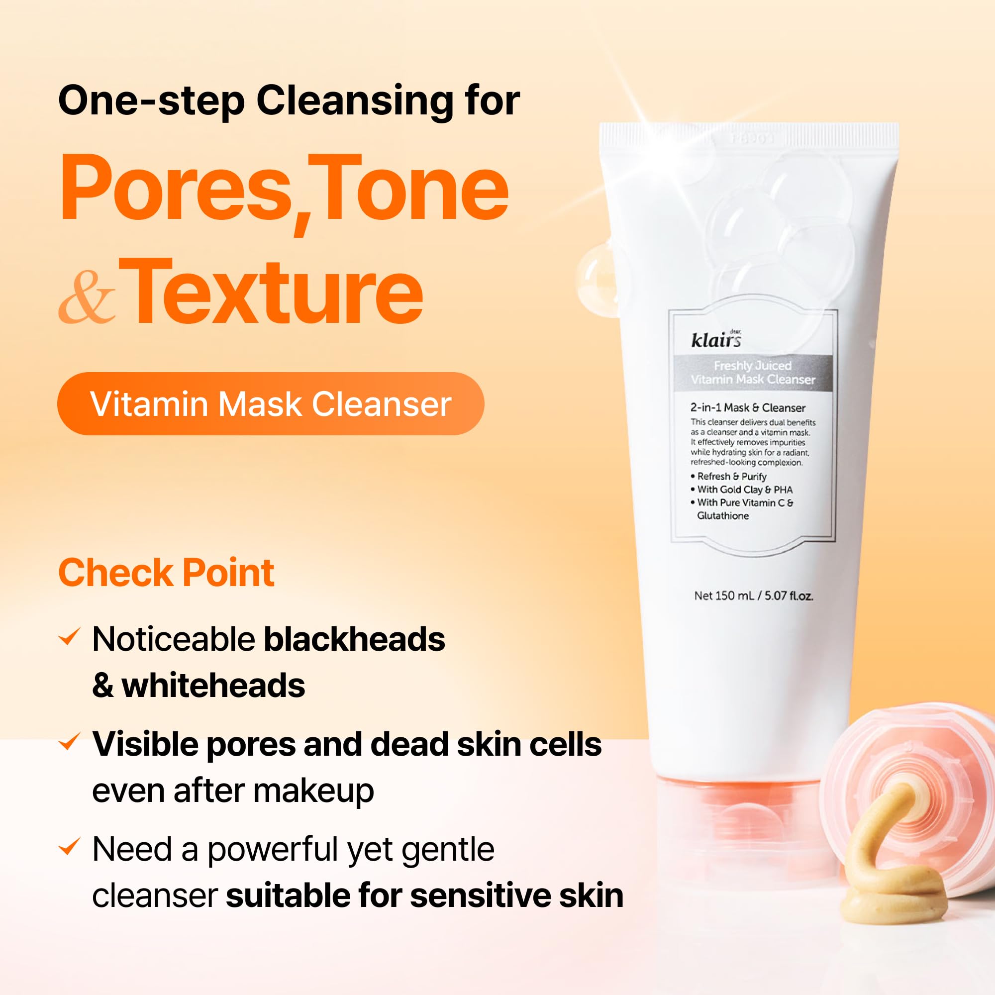 DearKlairs Freshly Juiced Vitamin Clay Mask Cleanser, Deep Pore Wash, Clear Radiant Skin, Glutathione, Tangerine peel powder - Image 2