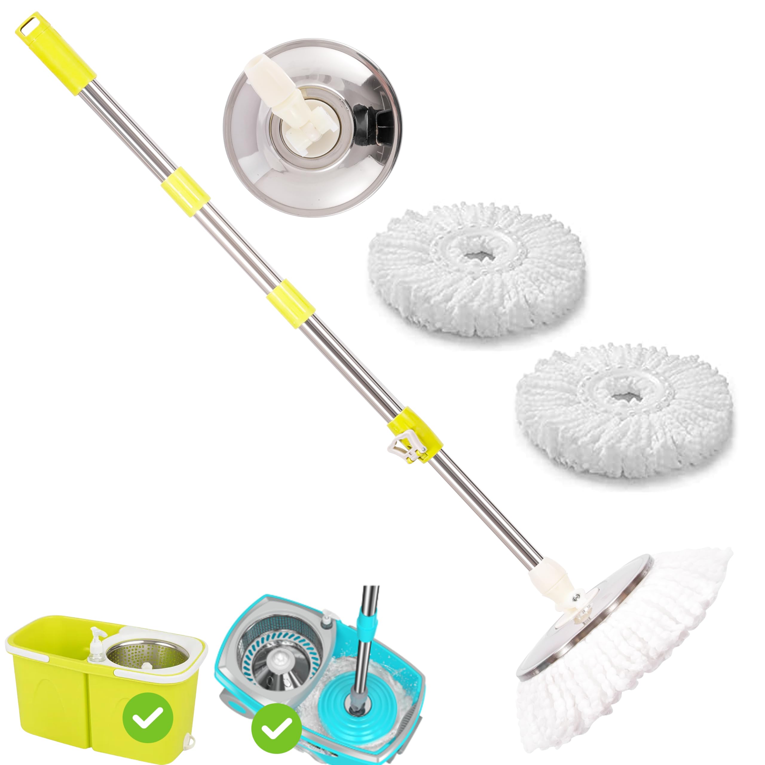 ARSUK Spin Mop Head Base Handle with 2 Microfibers Head Refills – Stainless Steel Mops Stick/Rod/Pole Replacement for 360° Spin Buckets Systems, Universal Mop Handle for Floor Cleaning