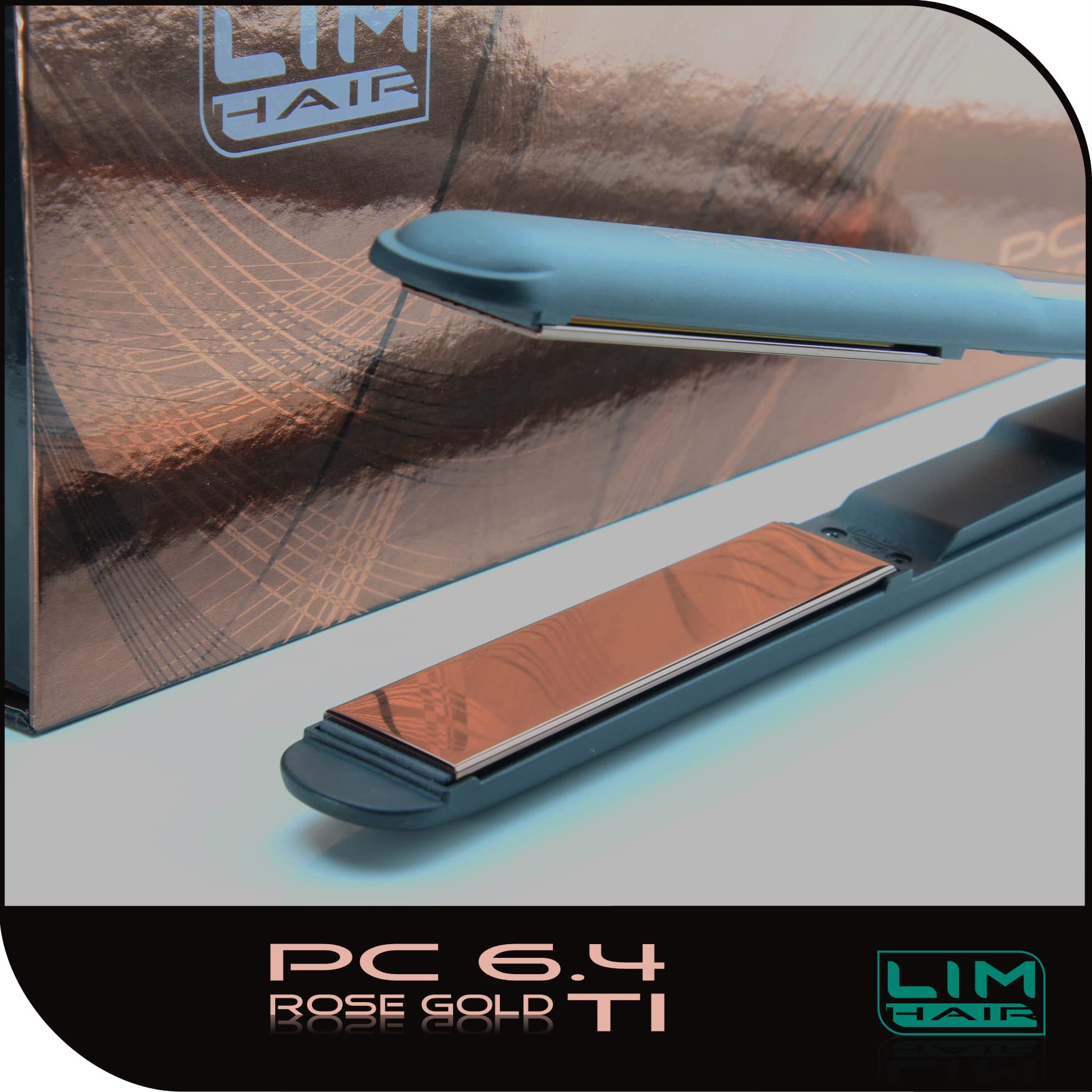 Plancha de cabello LIM HAIR PC 6.4 ROSE GOLD TI. Placas basculantes y oscilantes ROSE GOLD TITANIUM. Temperatura regulable hasta 230 ºC. Neceser térmico y tapete protección mesa trabajo. (PC 6.4)