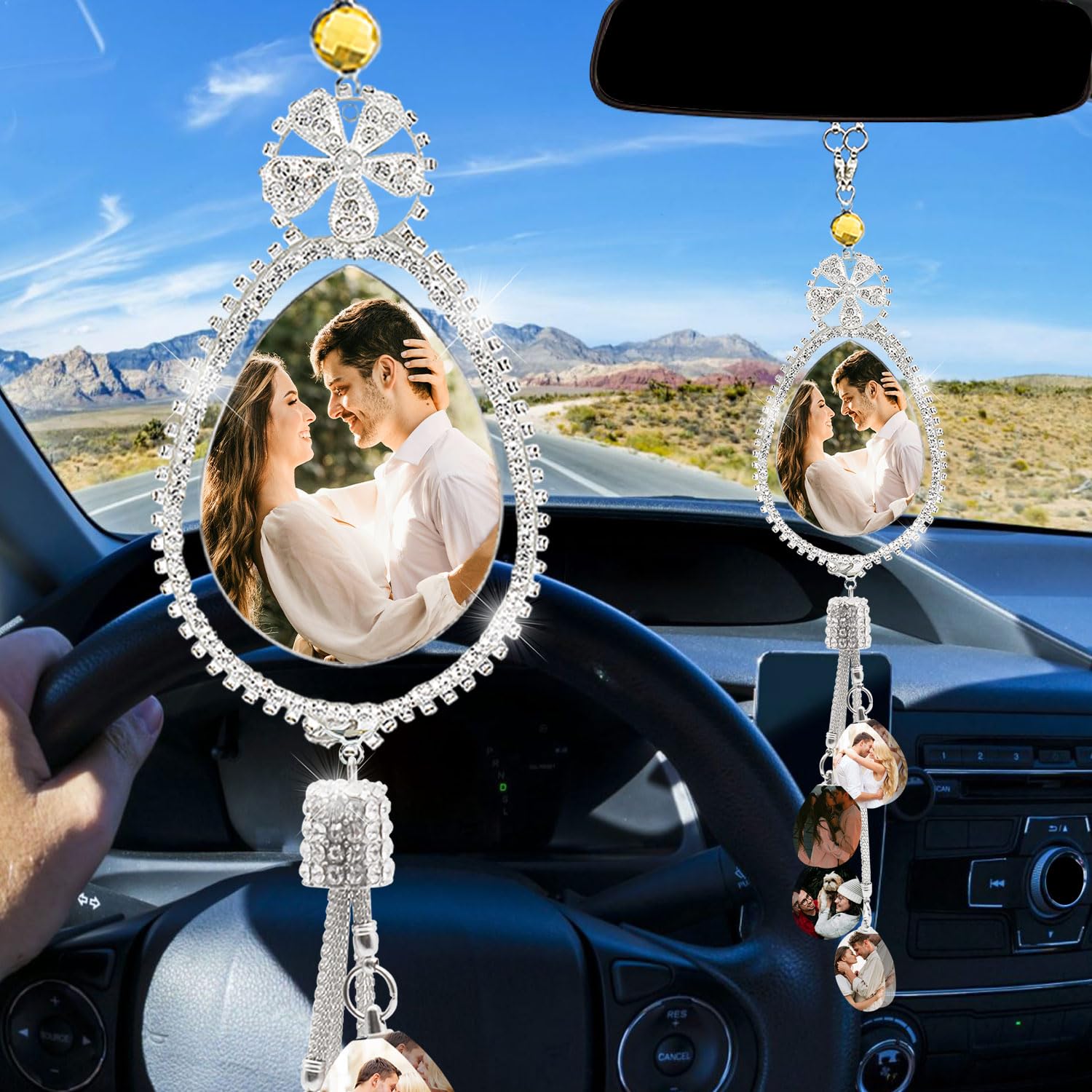 GMDLSK Personalized Photo Crystal Car Hanging Accessories Custom Picture Car Rearview Mirror Pendant Customized Pendant Hanging Picture Frame for Car
