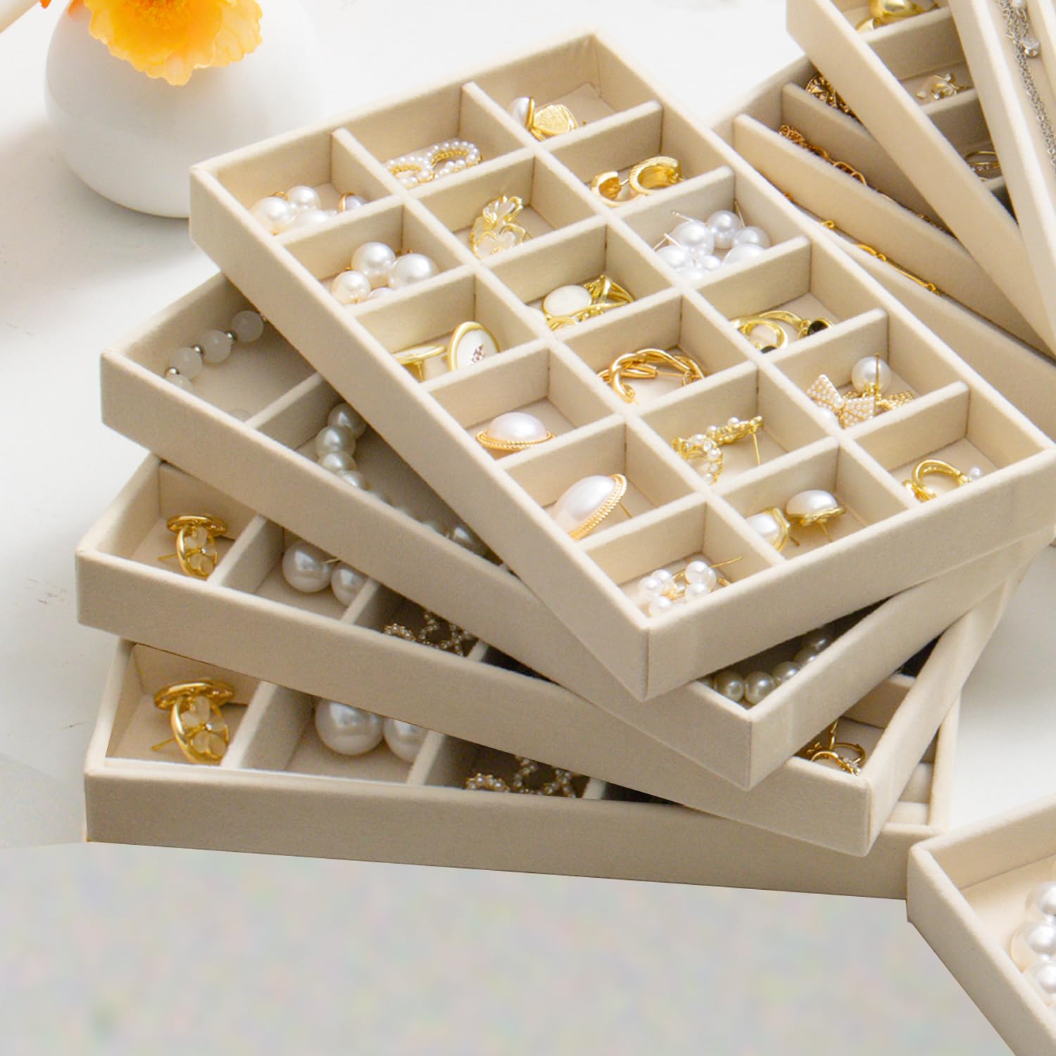 SPAKOWN Jewelry Organizer for Drawer Set of 9, Velvet Jewelry Tray Stackable Jewelry Organizer Display Trays Divided Earring Storage Containers (Beige)