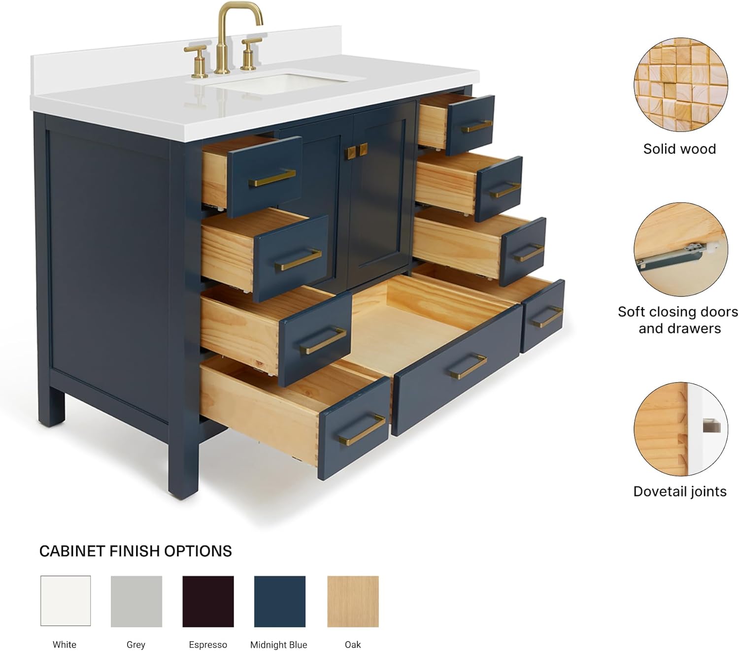 ARIEL Cambridge 48-inch Bathroom Vanity with Sink,Solid Wood, 1.5-inch Pure White Quartz Countertop, Single Rectangular Porcelain Sink, 2 Soft Closing Doors, 9 Dovetail Drawers, Midnight Blue