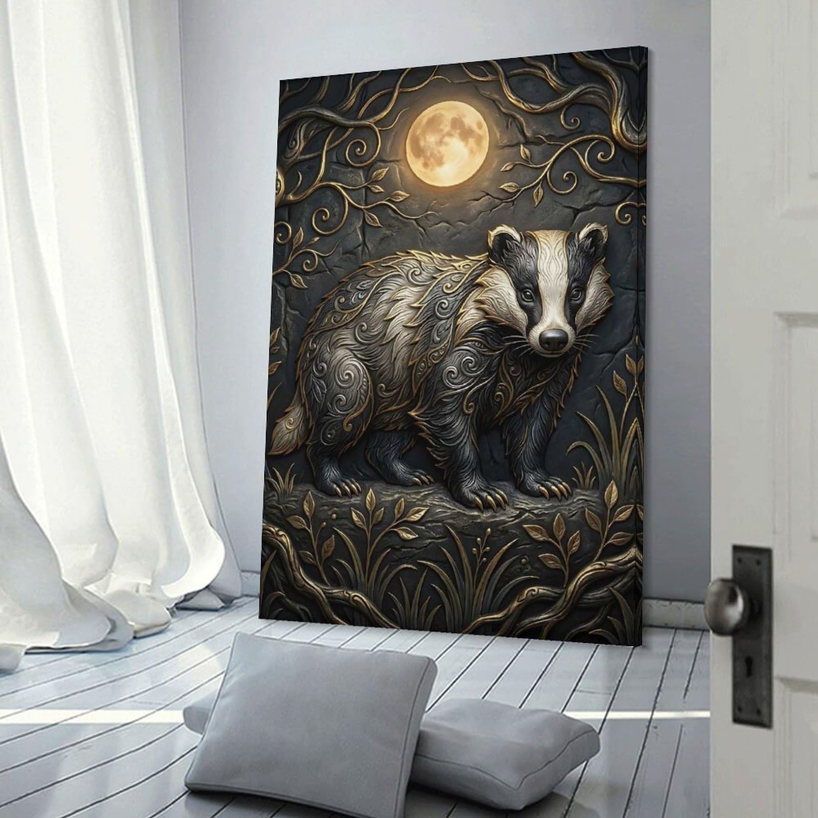 Junmoney Room Decor Wall Art Ornate Badger Under The Moon, 12x18inch(30x45cm), for Hallway, Bedroom Or Modern Interiors, Gift Idea for Housewarming And Birthdays