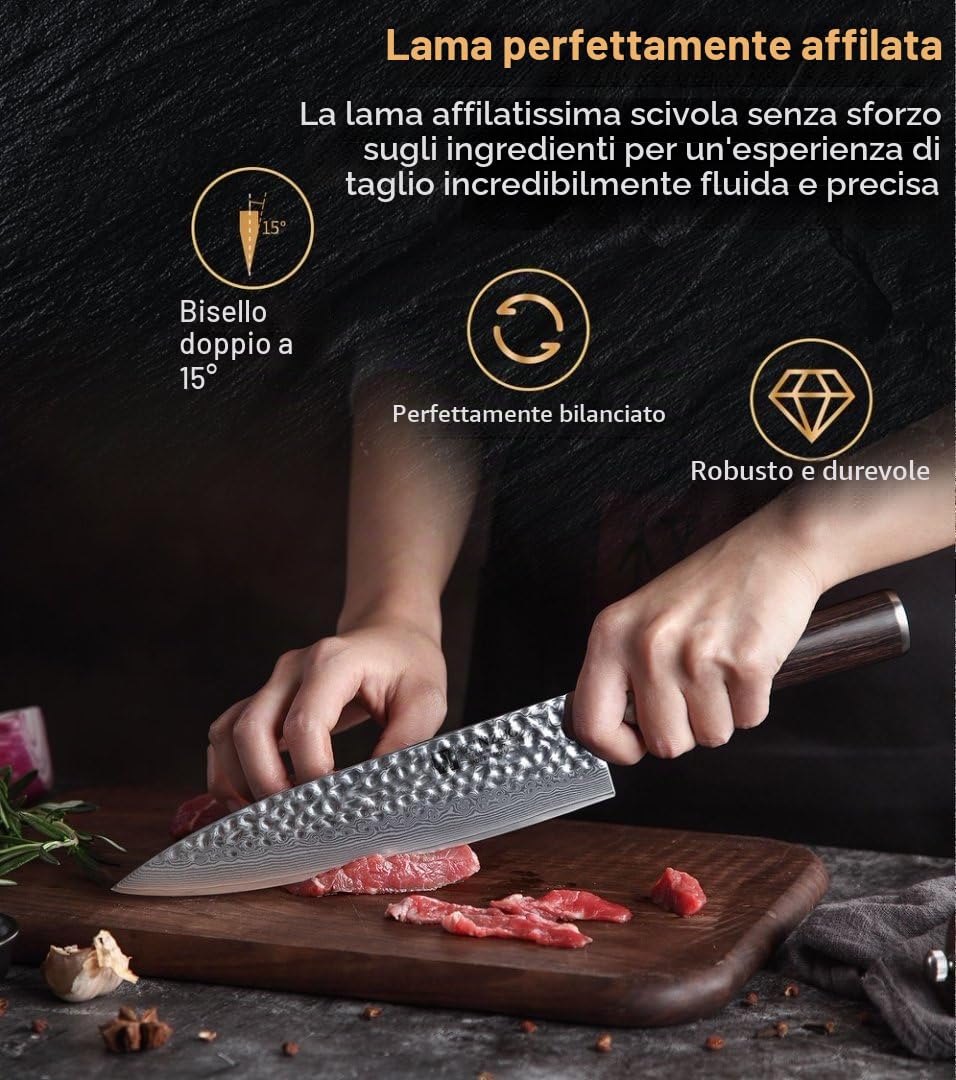 XINZUO 20.1cm Coltello da Cuoco Acciaio Damasco, Coltello da chef Professionale Forgiato a Mano Coltello da Cucina con Ergonomico Manico in Legno di Pakka- He Serie