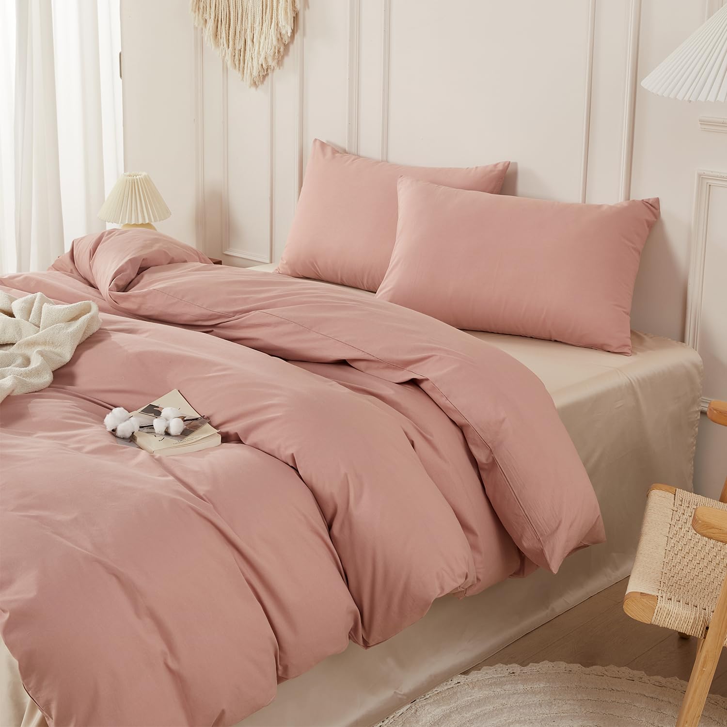 SAPHREAS Dusty Rose Duvet Cover Set 100% Washed Cotton Super King Size 3Pcs 8 Corner Ties Modern Solid Bedding Soft 1 Duvet Cover with Zipper 2 Pillow Shams