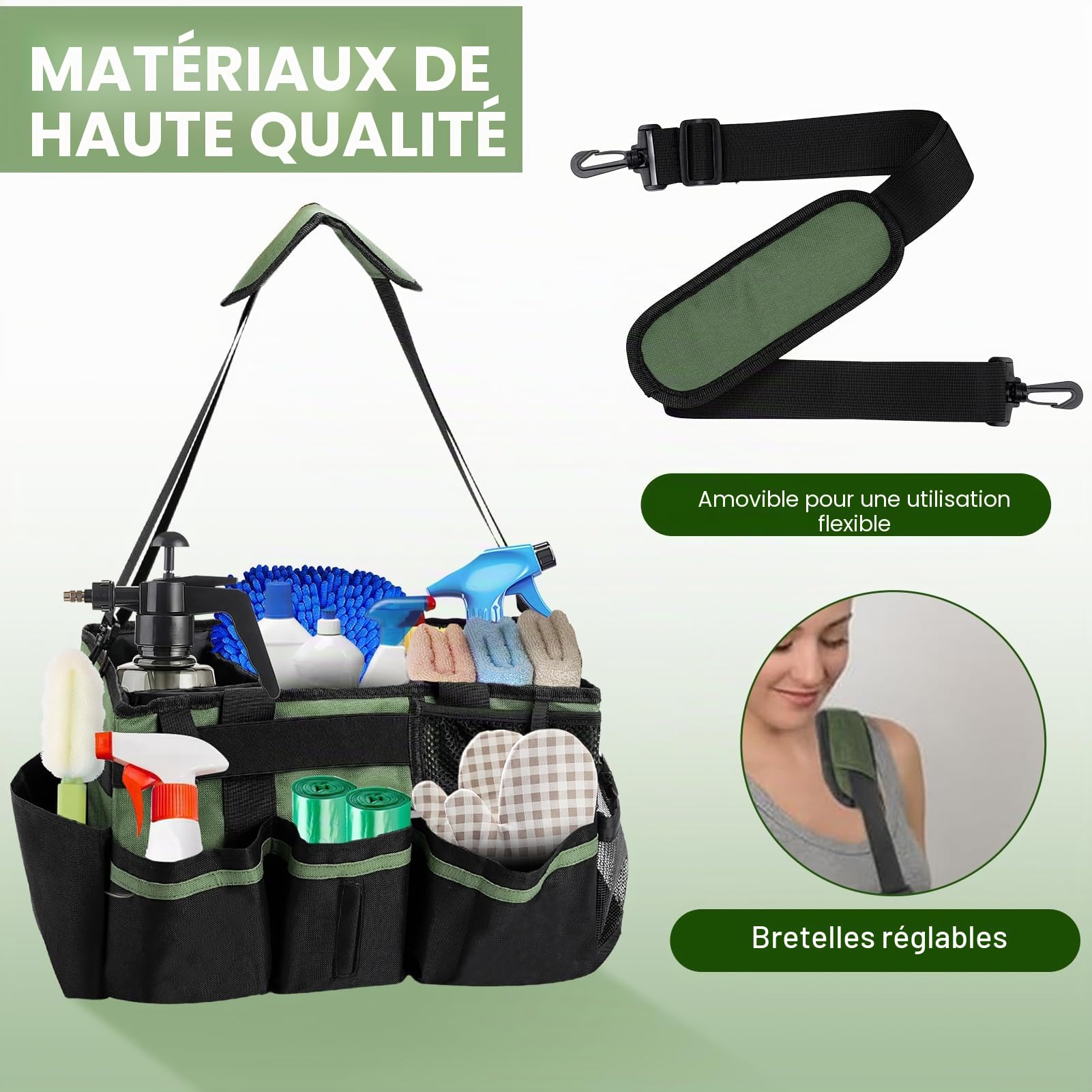 Sac de nettoyage portable en tissu Oxford déperlant avec bandoulière réglable et plaque de fond renforcée – Organiseur de fournitures à séparateurs amovibles pour femme de ménage et nettoyeurs