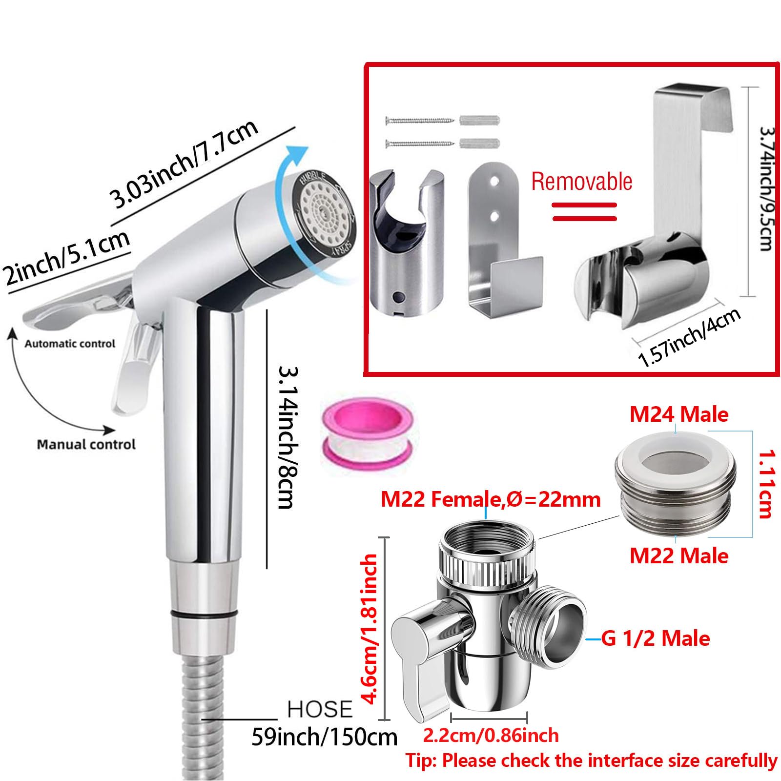 Bidet Handbrause Set, ABS-Kunststoff Baby Stoffwindelsprüh Kit mit Schlauchhaken aus Edelstahl, M22 x M24 Wasserhahnspender, Schlauch- und Hakentoilette oder Wandhalterung