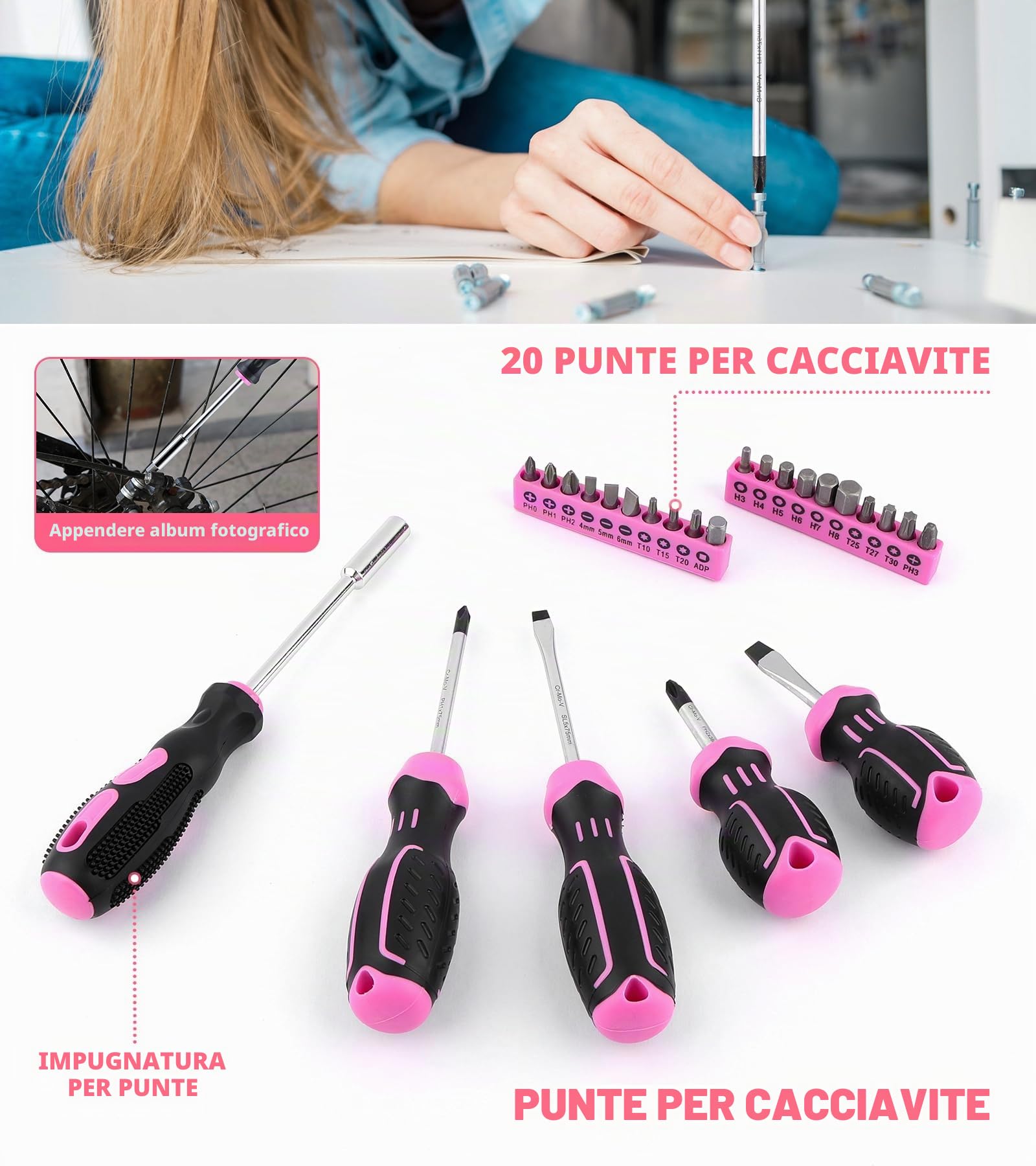 Dowell, kit di attrezzi per la riparazione domestica da 123 pezzi in rosa per donne e ragazze - Kit di attrezzi fai da te tutto in uno con impugnature ergonomiche, scatola degli attrezzi resistente