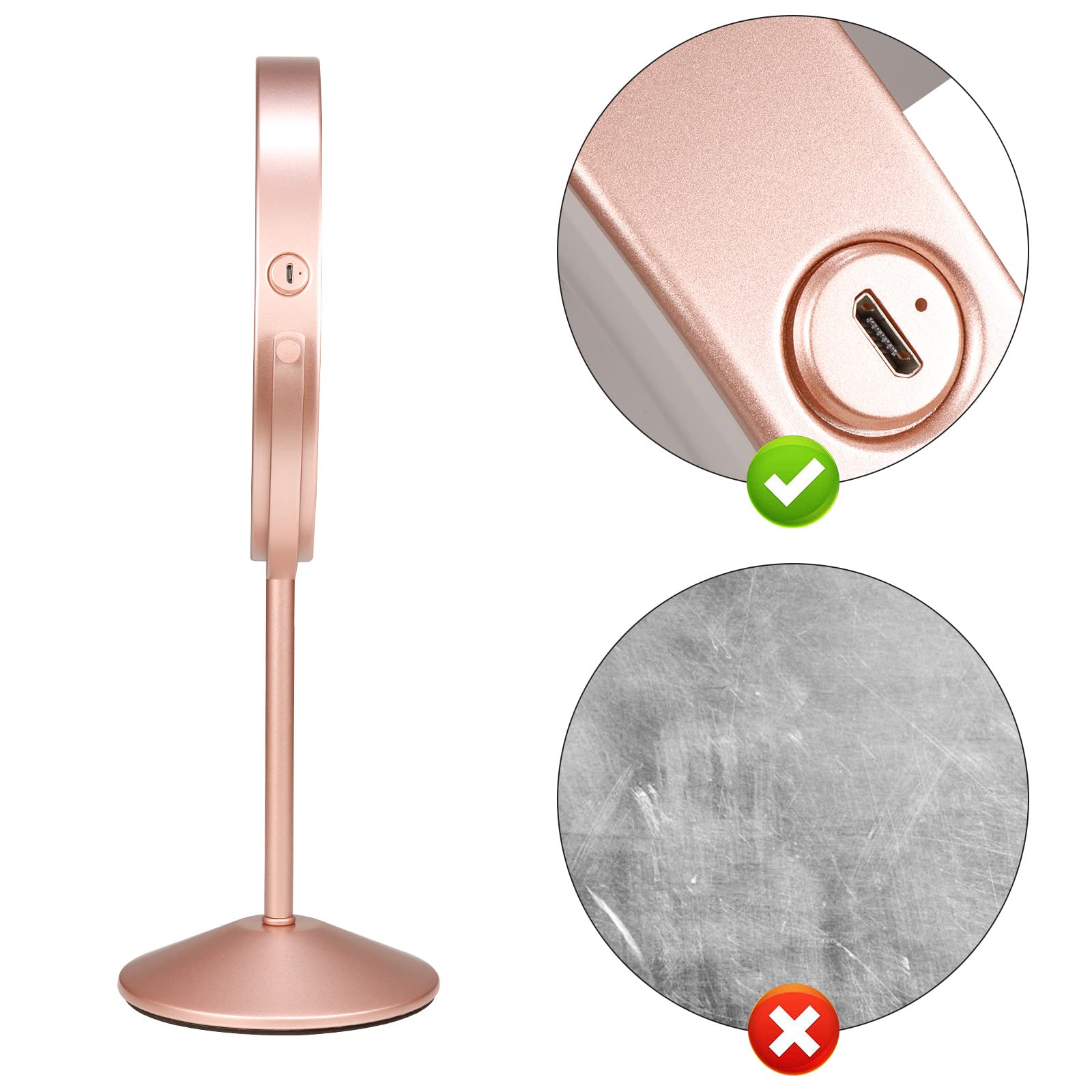 Specchio di Vanity LED Ingrandito 7x Ricaricabile USB Specchio per il Trucco Rotazione di 360 Gradi Specchio da Tavolo con Luminosità del Touch Screen Regolabile (Rose Gold)