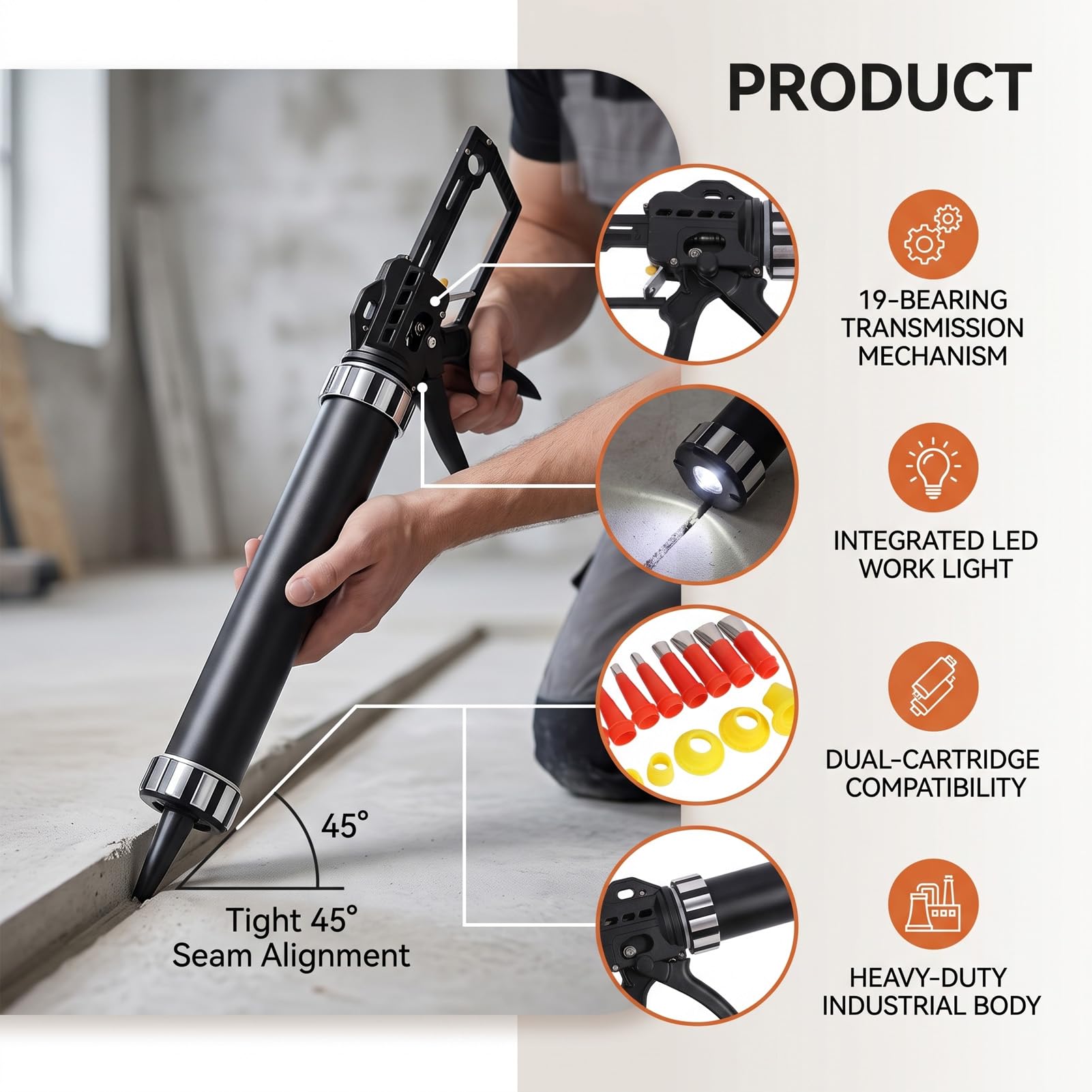 Pistola de Calafateo Industrial Manual, Aplicador Sellador 19 Rodamientos con Luz LED, Dispensador Pistola Calafateo Manual para Construcción Sellado Ventanas Puertas Piso