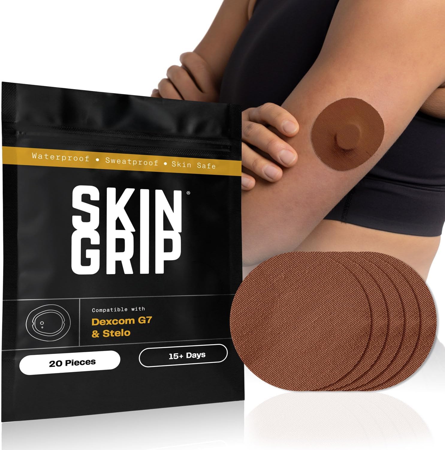 Skin Grip Adhesive Patches Compatible with Dexcom G7 & Stelo CGM Sensors | Waterproof & Sweatproof Cover for Continuous Glucose Monitor Sensor, Strong Hold, 15+ Days of Grip, 20 Pack, Chocolate