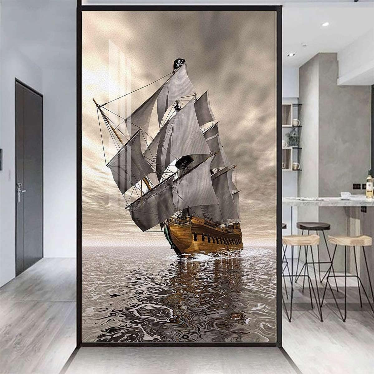 Grey Pale Coffee Window Privacy Film Frosted Glass Static Clings Vessel Cloudy Sky Voyage Exploration Theme Privacy Window Film Frosted Window Treatments Ocean 35.4Wx59L-inch