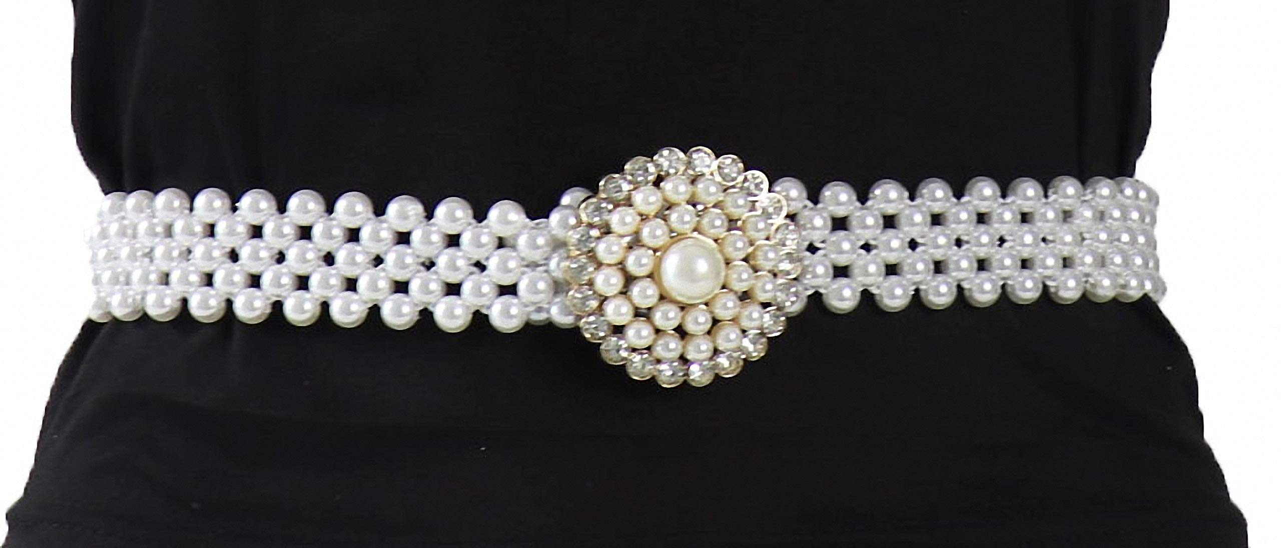 Ulalaza Women Stretch Pearl Belt,Rhinestones Interlocking Buckle Dress Elastic Waist Belts for Party Dress and Wedding Dresses Sash (EL13-27)