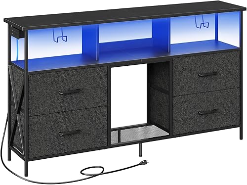 Miniatura 7 de Mueble para TV, centro de entretenimiento con tomas de corriente y luz LED, mesa consola multimedia con cajones y estantes abiertos, cómoda para TV