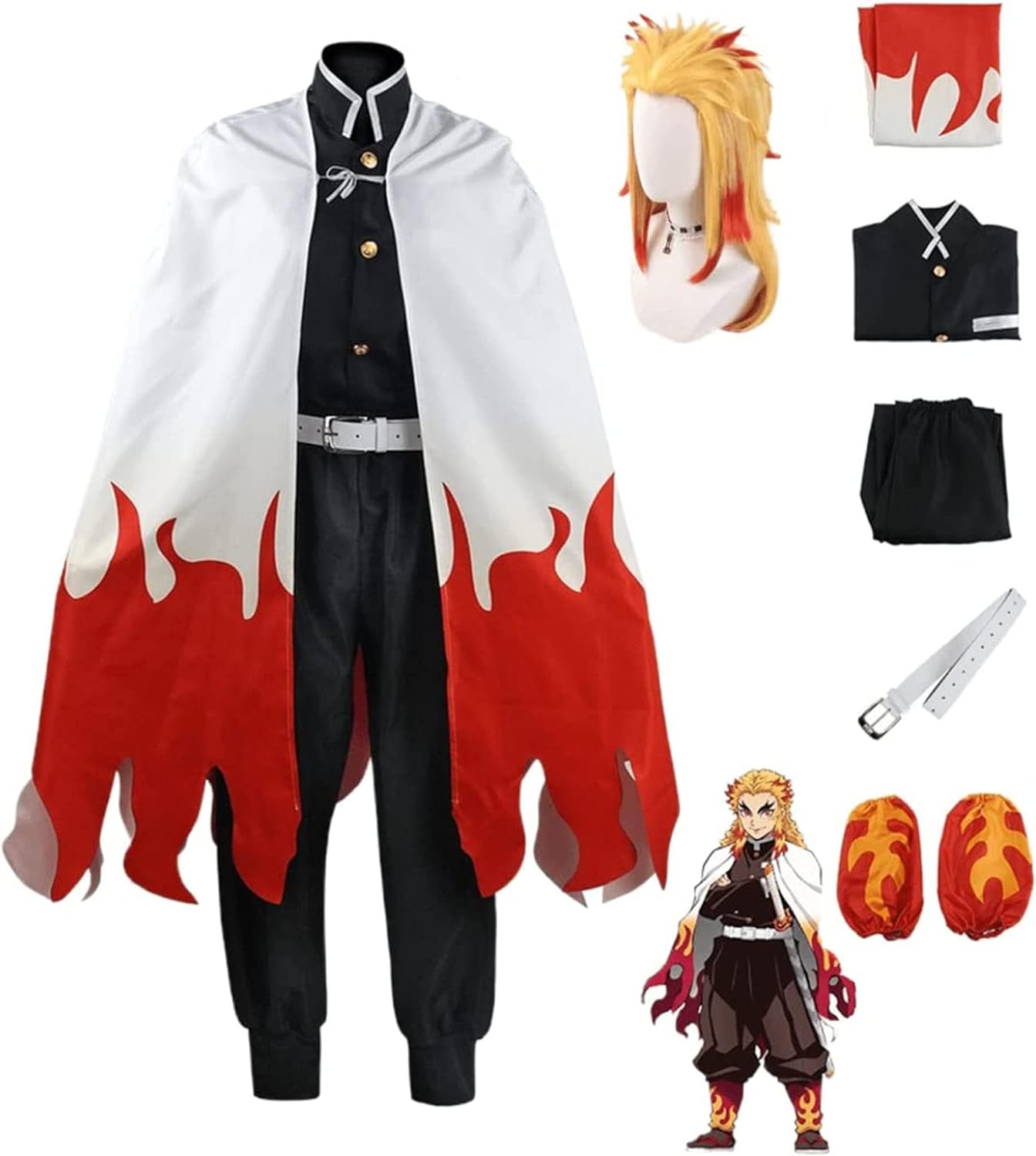 DemonSlayer Costume,Rengoku Kyoujurou Full Set Kimono Outfit with Wig