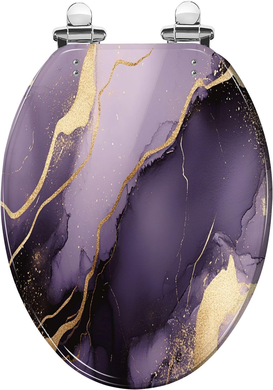 Elongated Toilet Seat Purple marble gold stripes alcohol ink Luxury violet black watercolor Resin Toilet Seat Slow Quiet Close Lid with Quick-Release Hinges Cover Bumpers Easy to Clean Install